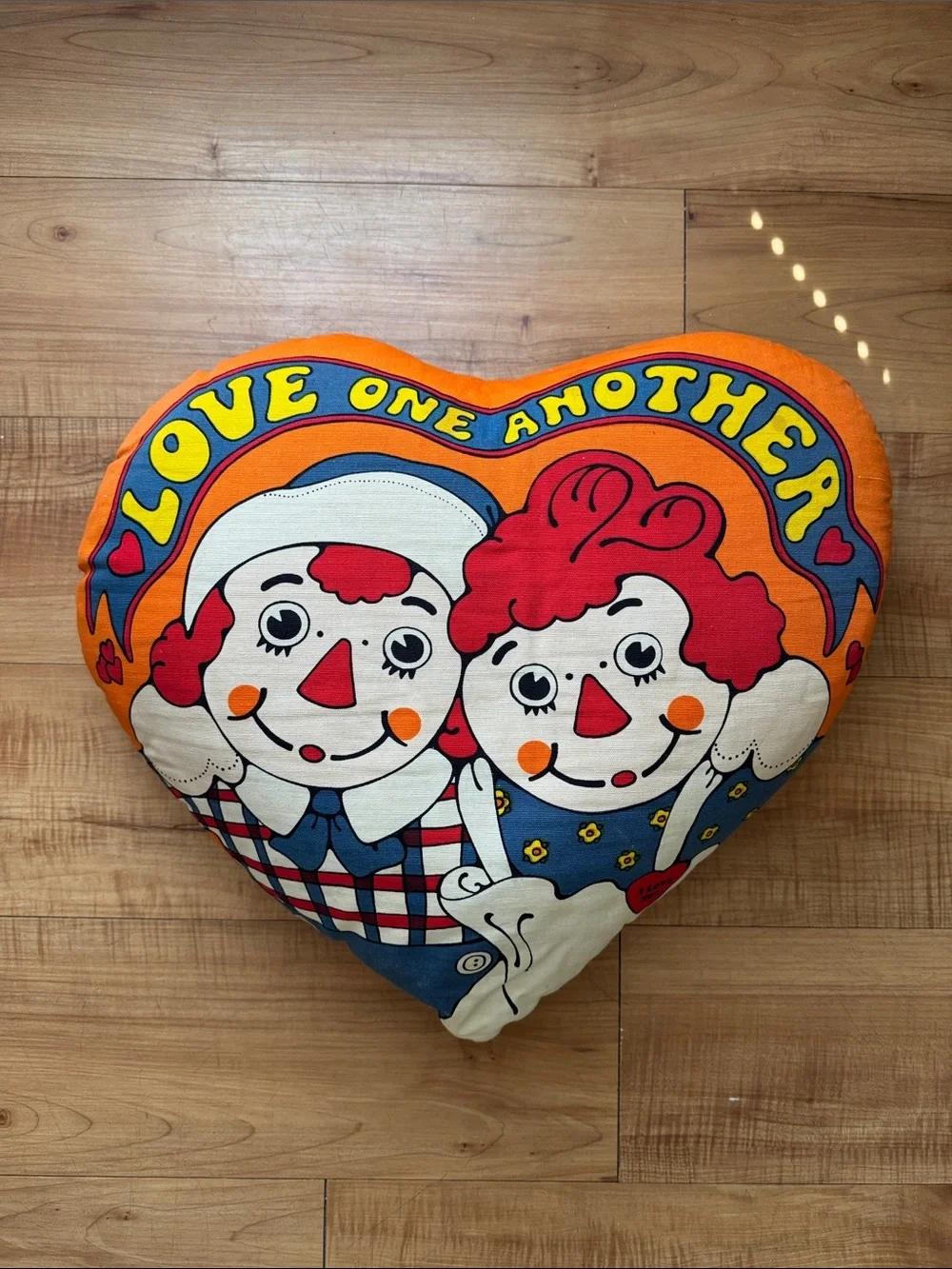 Vintage 1970’s Raggedy Ann & Andy “Love One Another” Heart Pillow